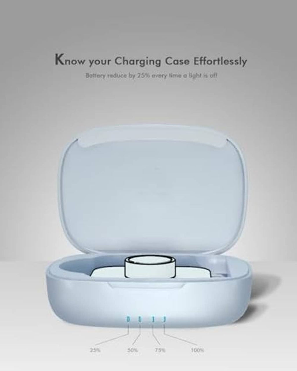 Light-blue charging case with lid open and charging puck on the cradle