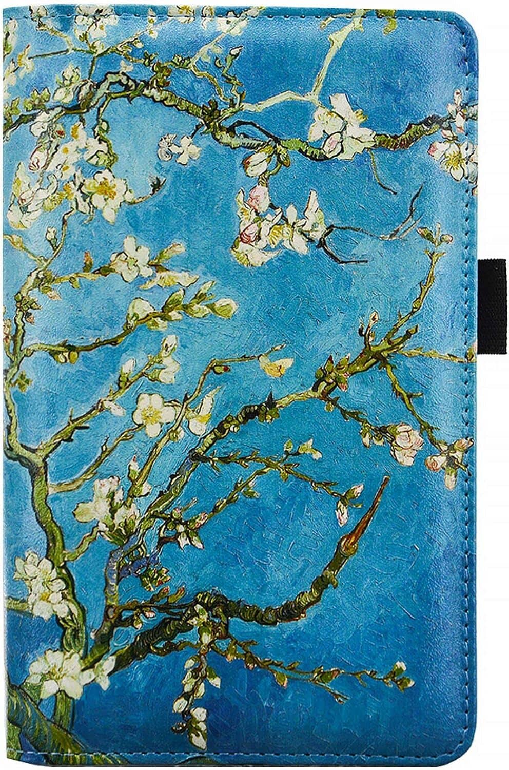 Floral server book cover, blue with tree-branch blossoms and stitched edges