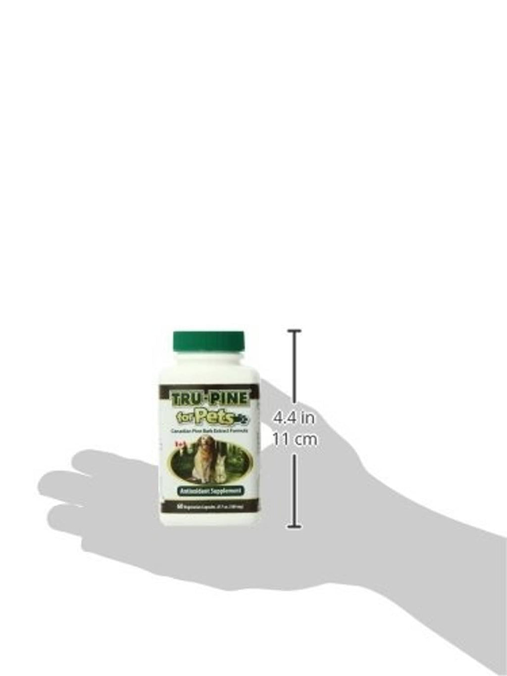 Tru-Pine for Pets antioxidant supplement bottle with green cap and 4.4 in height measurement