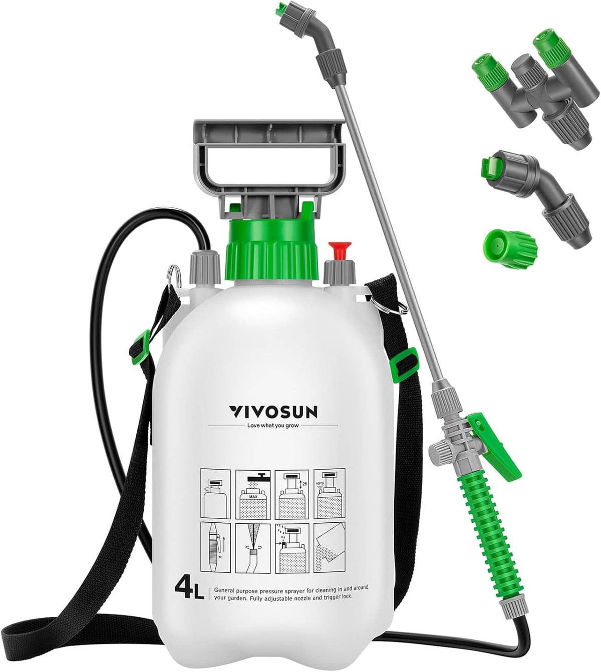 4L pump sprayer with white tank, green pump head, hose, and multiple nozzles