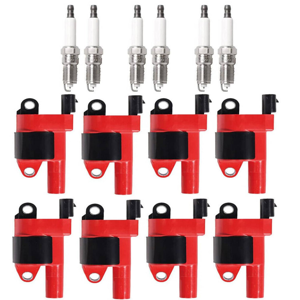 Set of red ignition coils with black modules and spark plug connectors