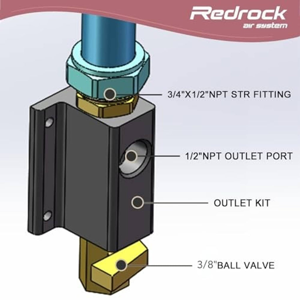 Air system strut fitting diagram with NPT outlet port and 3/8 ball valve