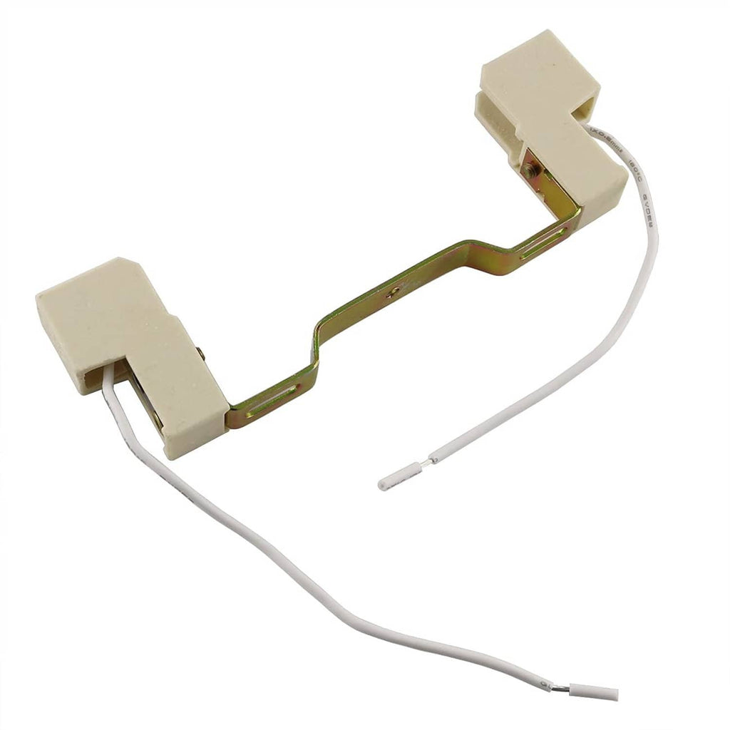 Beige ceramic R7S lamp socket with two holders and white wire leads on bracket