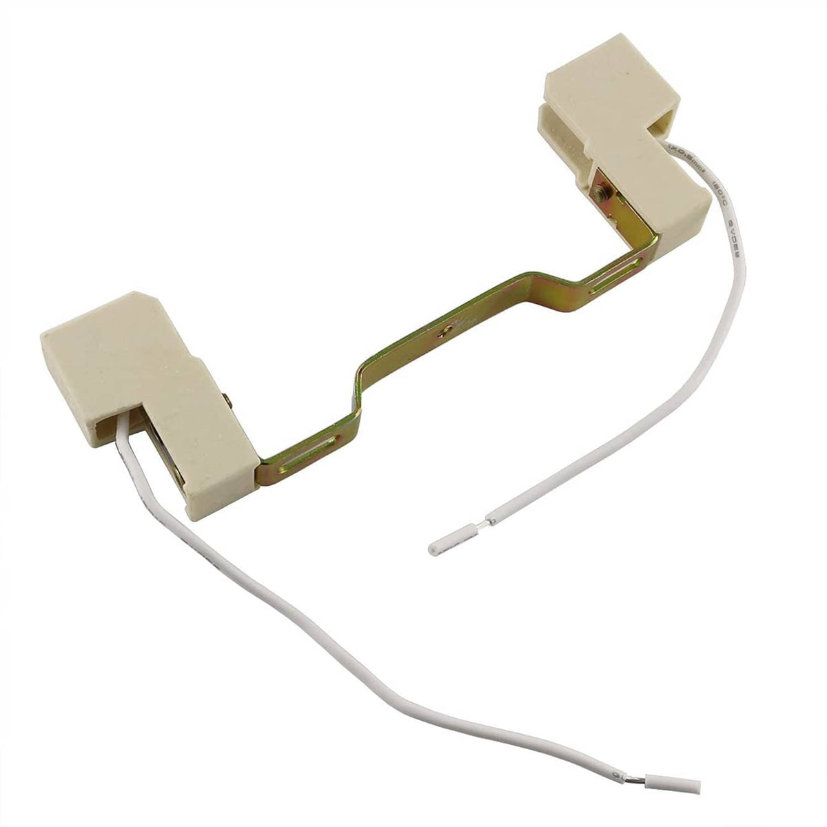 Beige ceramic R7S lamp socket with two holders and white wire leads on bracket