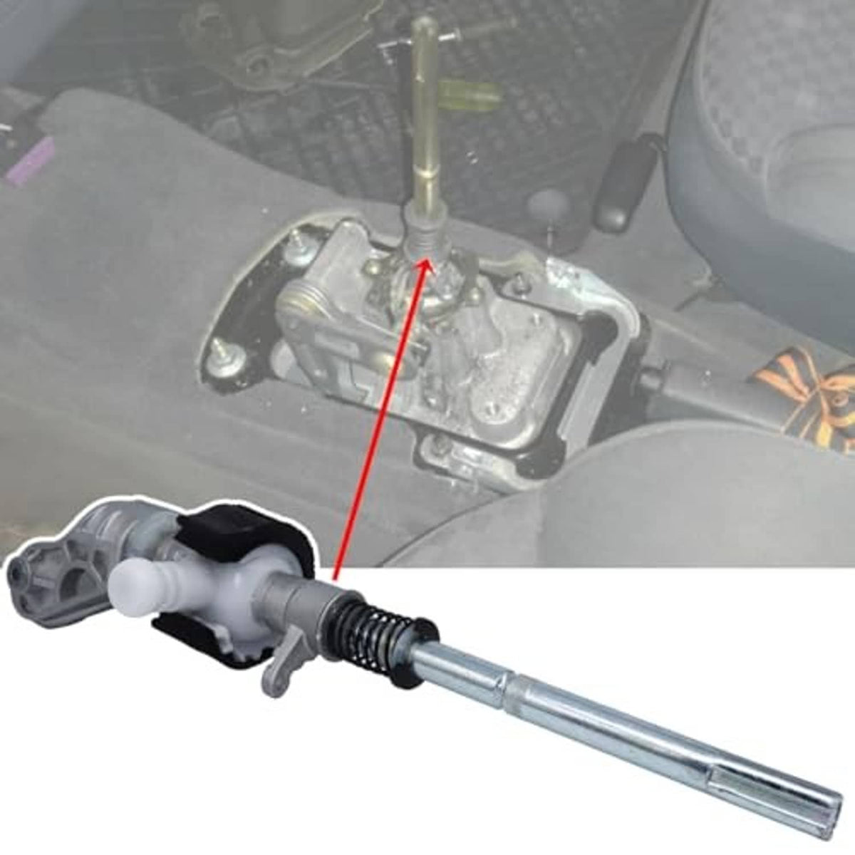 Gear shifter selector lever bushing assembly with black cap and white bushing installed in car