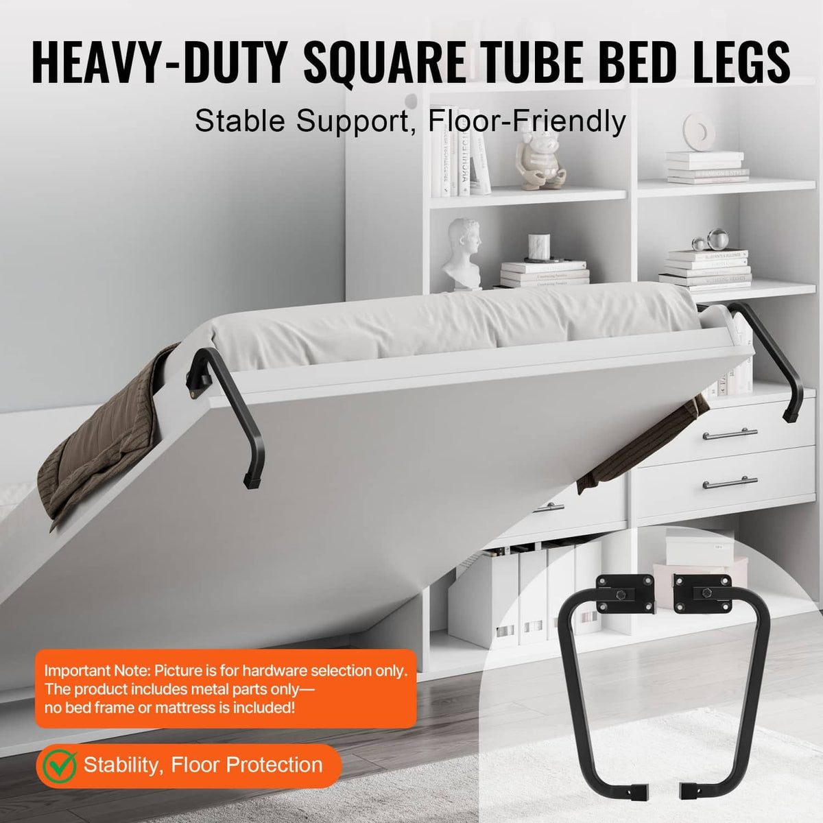 Heavy-duty square-tube bed legs for Murphy bed with floor-friendly stabilizers