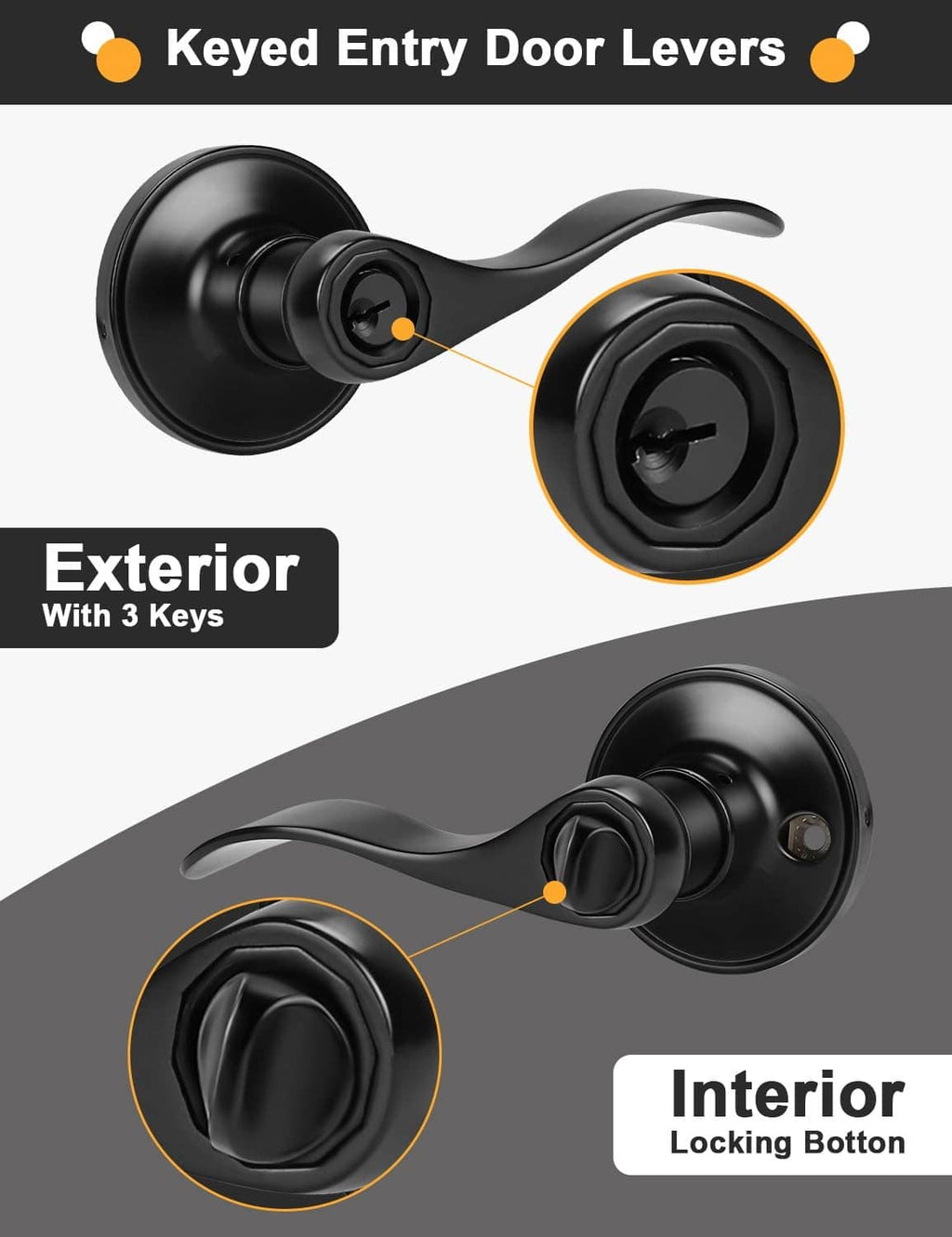 Matte black keyed entry door lever set with locking thumb-turn and keys
