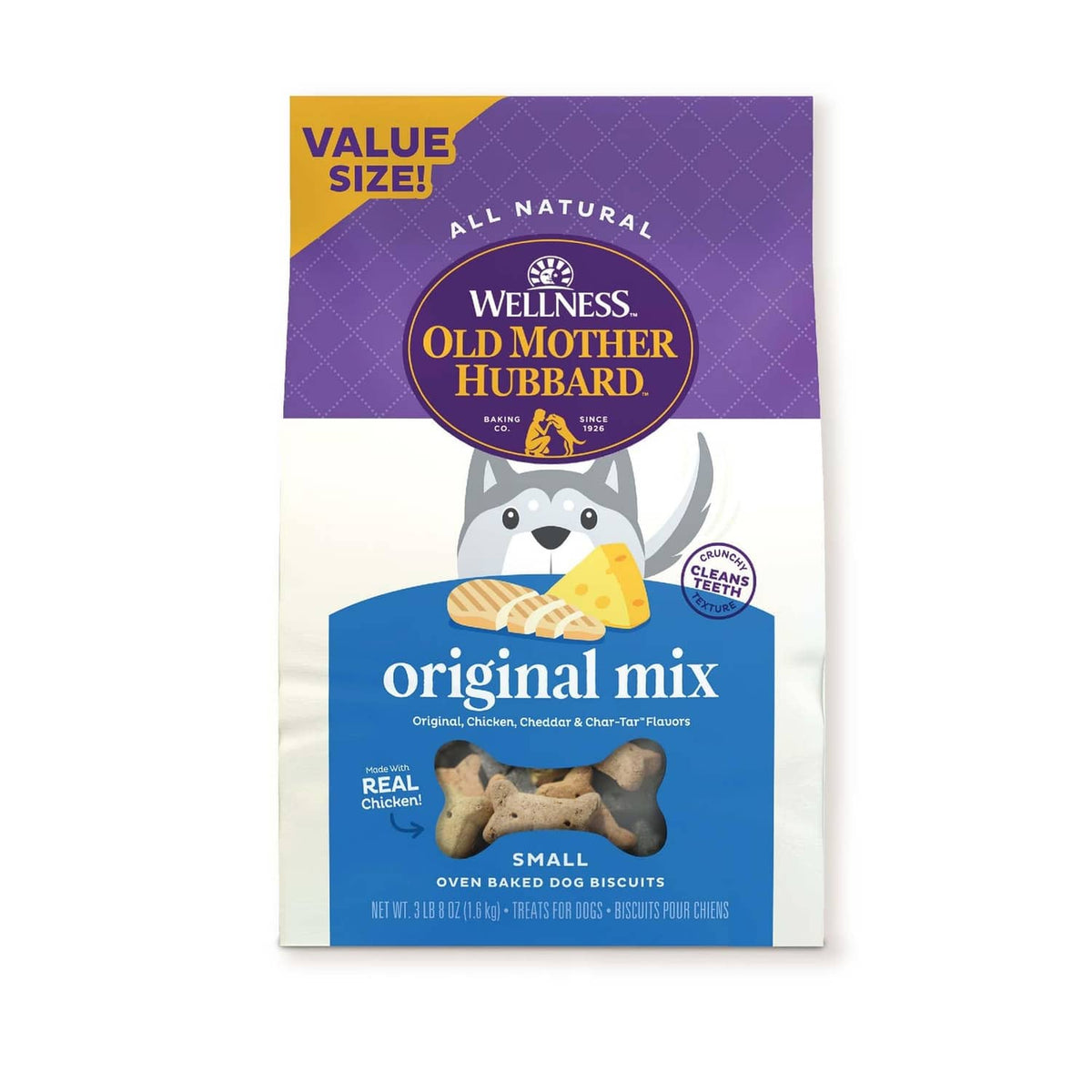 All natural dog biscuit bag, Original mix; small oven-baked treats package front