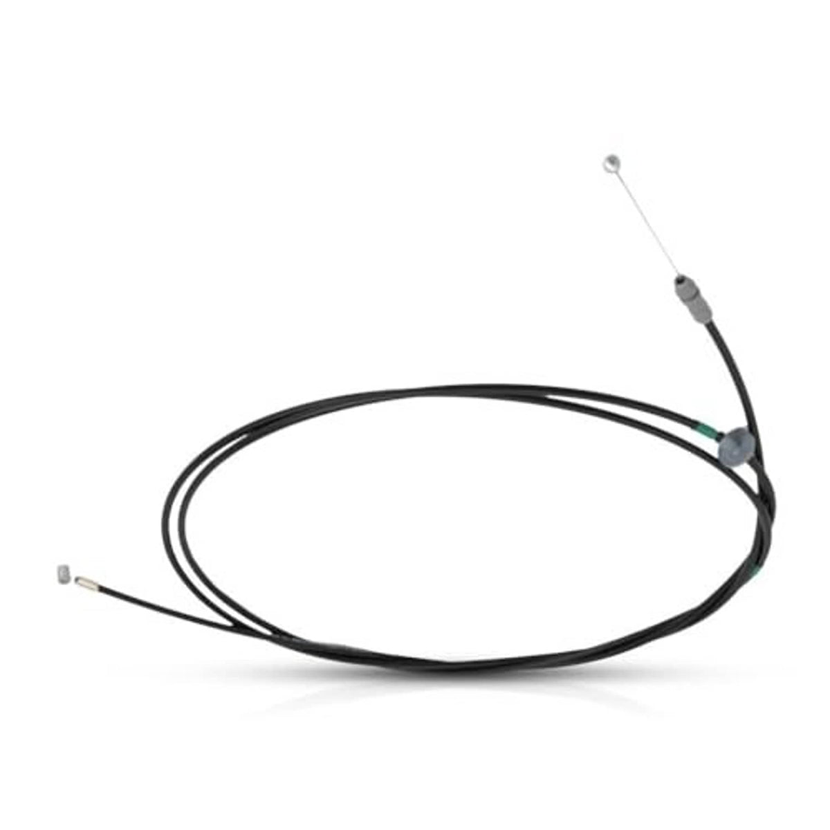 Black hood release cable with metal terminals and green stripe at connector