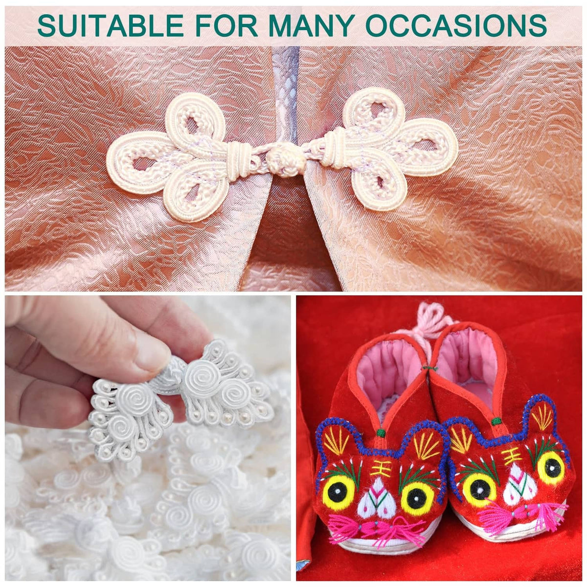 Ornate frog button closures with knotted bow design, white and multicolor styles