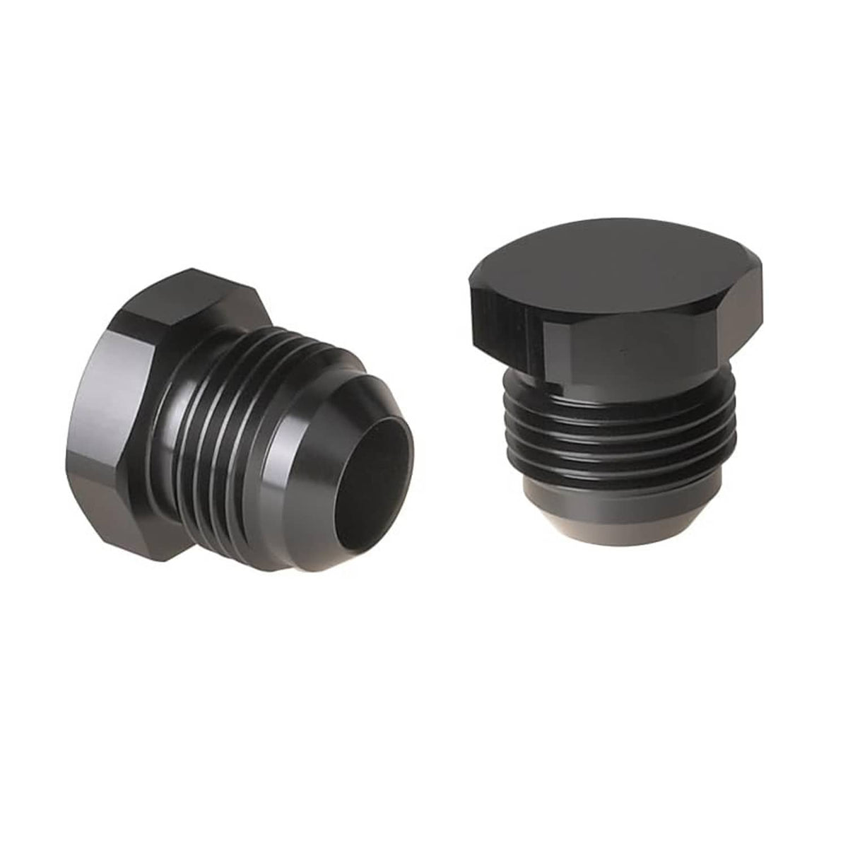 Black aluminum flare hex-head plug fitting adapter, male thread ports, side view