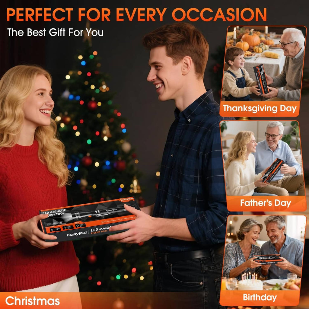 Black LED magnetic pickup tool gift box with orange packaging for multiple occasions