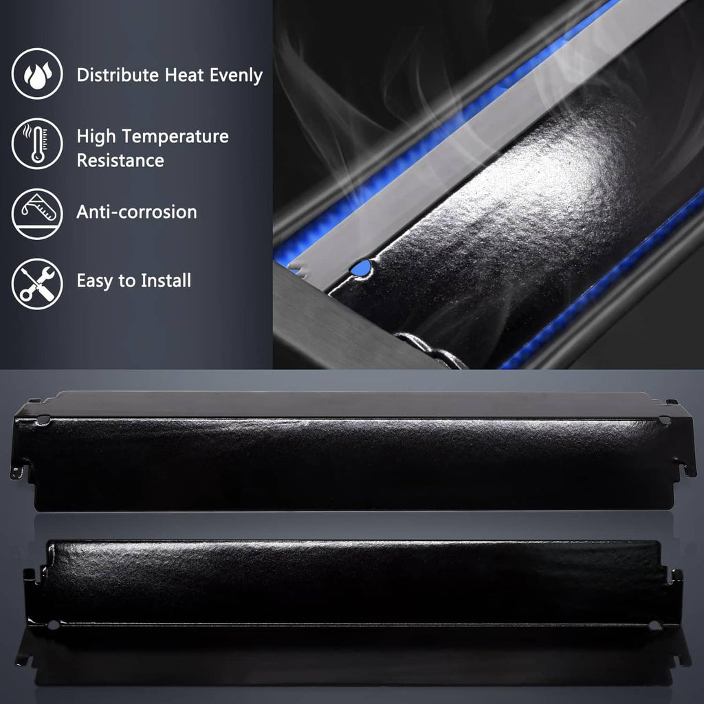 Two black heat plates with mounting brackets for grill replacement parts