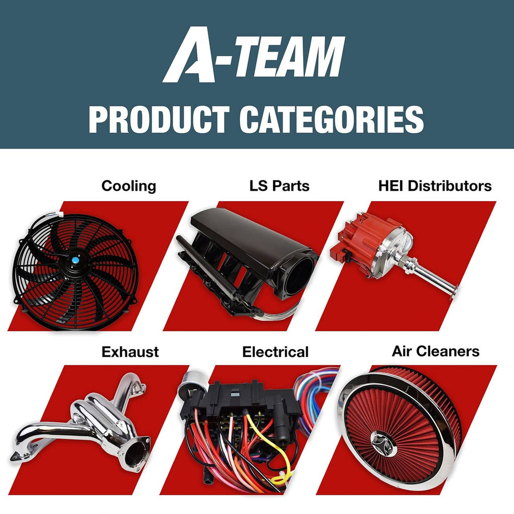 A-Team product categories graphic showing cooling, exhaust, electrical, and air cleaners