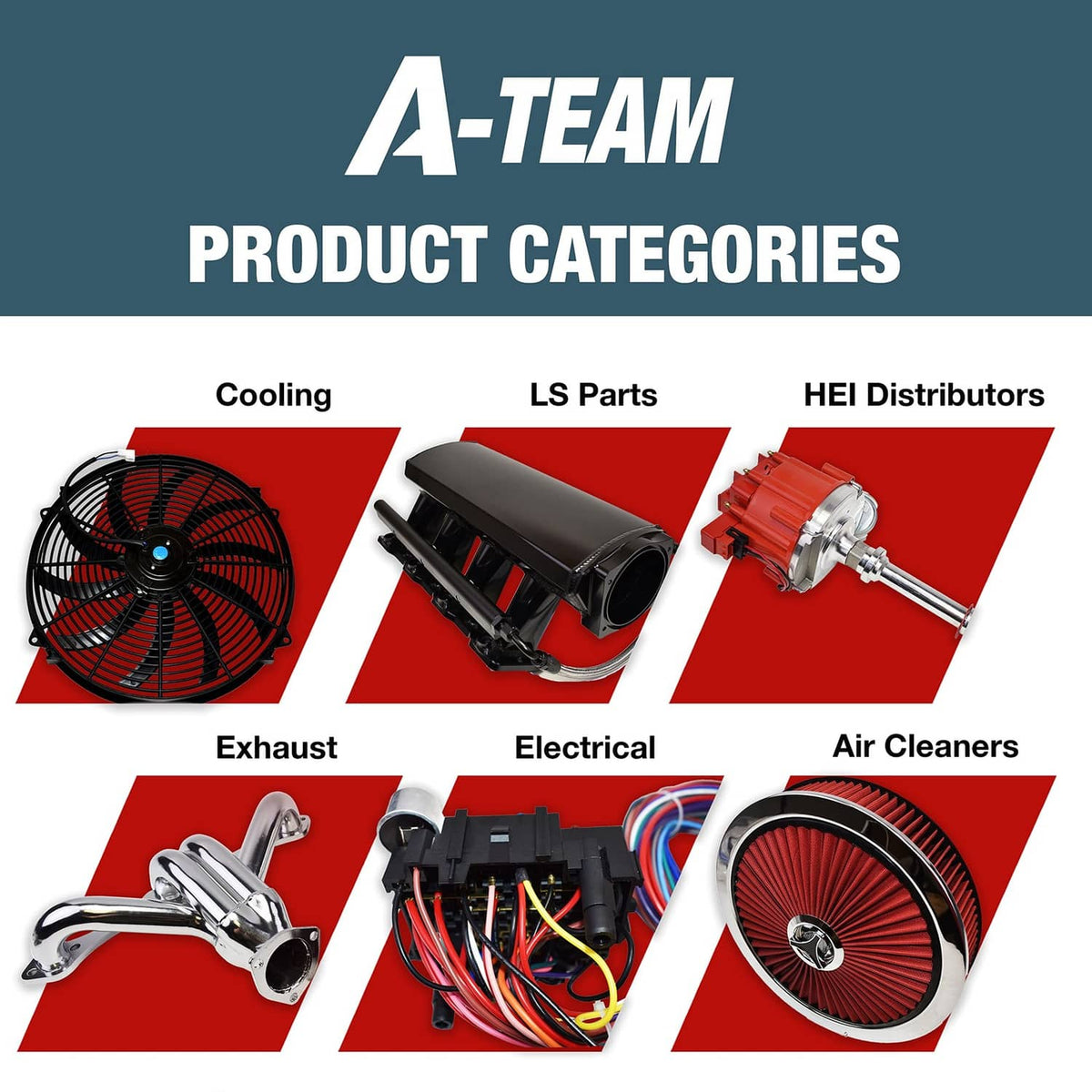 A-Team product categories graphic showing cooling, exhaust, electrical, and air cleaners