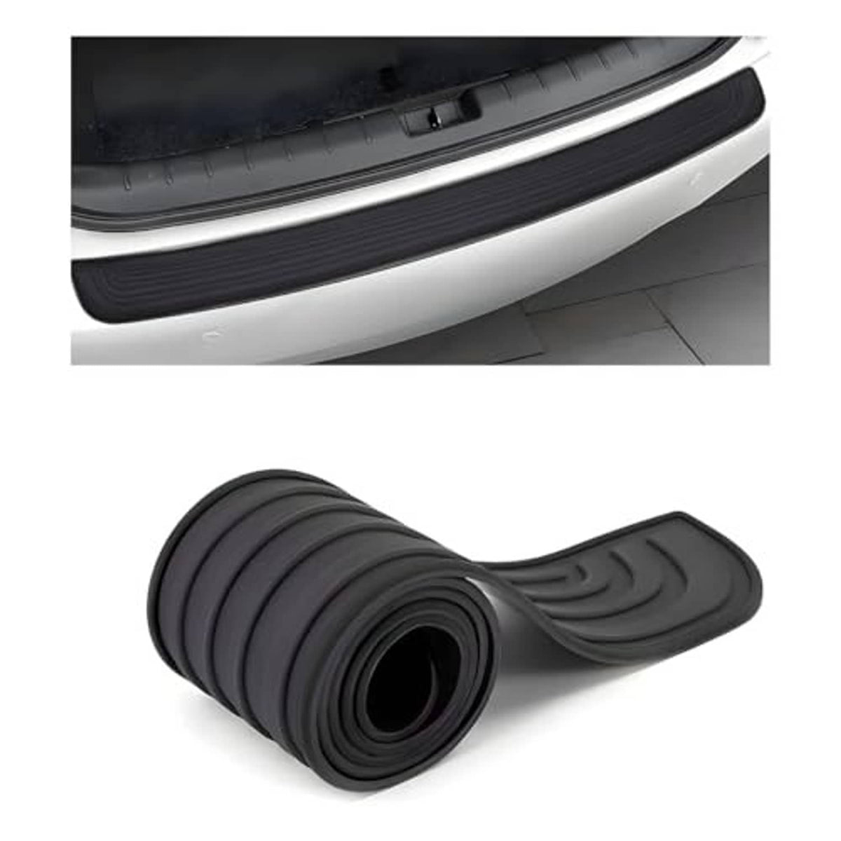 Rolled black anti-scratch rear bumper protector guard with raised grip texture.
