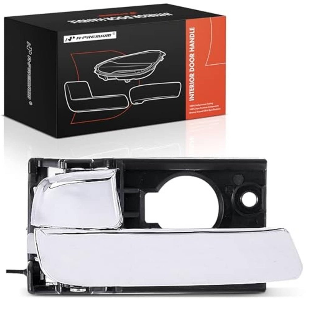 Rear left interior door handle assembly, chrome lever with black housing and retail box