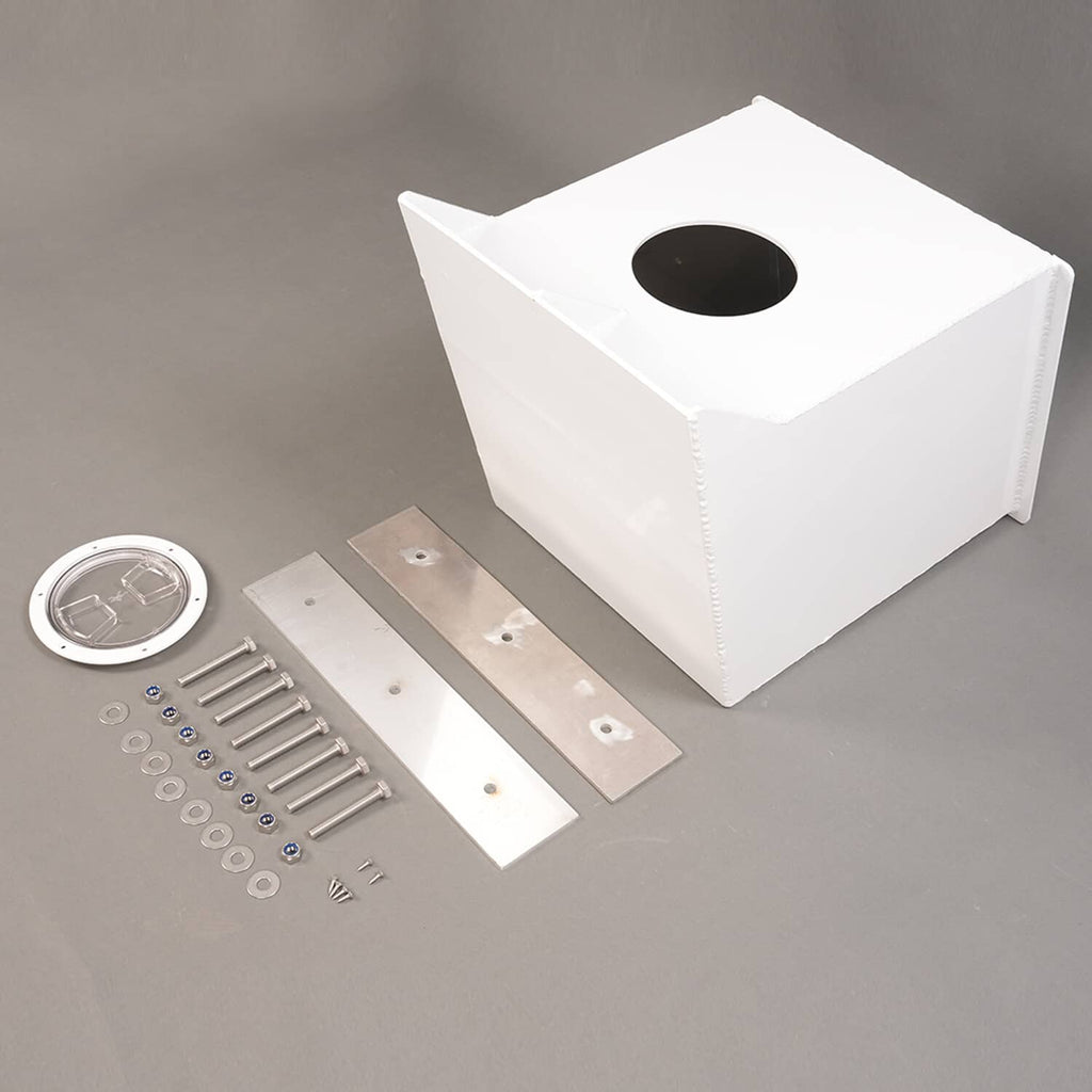 White outboard engine bracket with hardware kit pieces and round access opening.