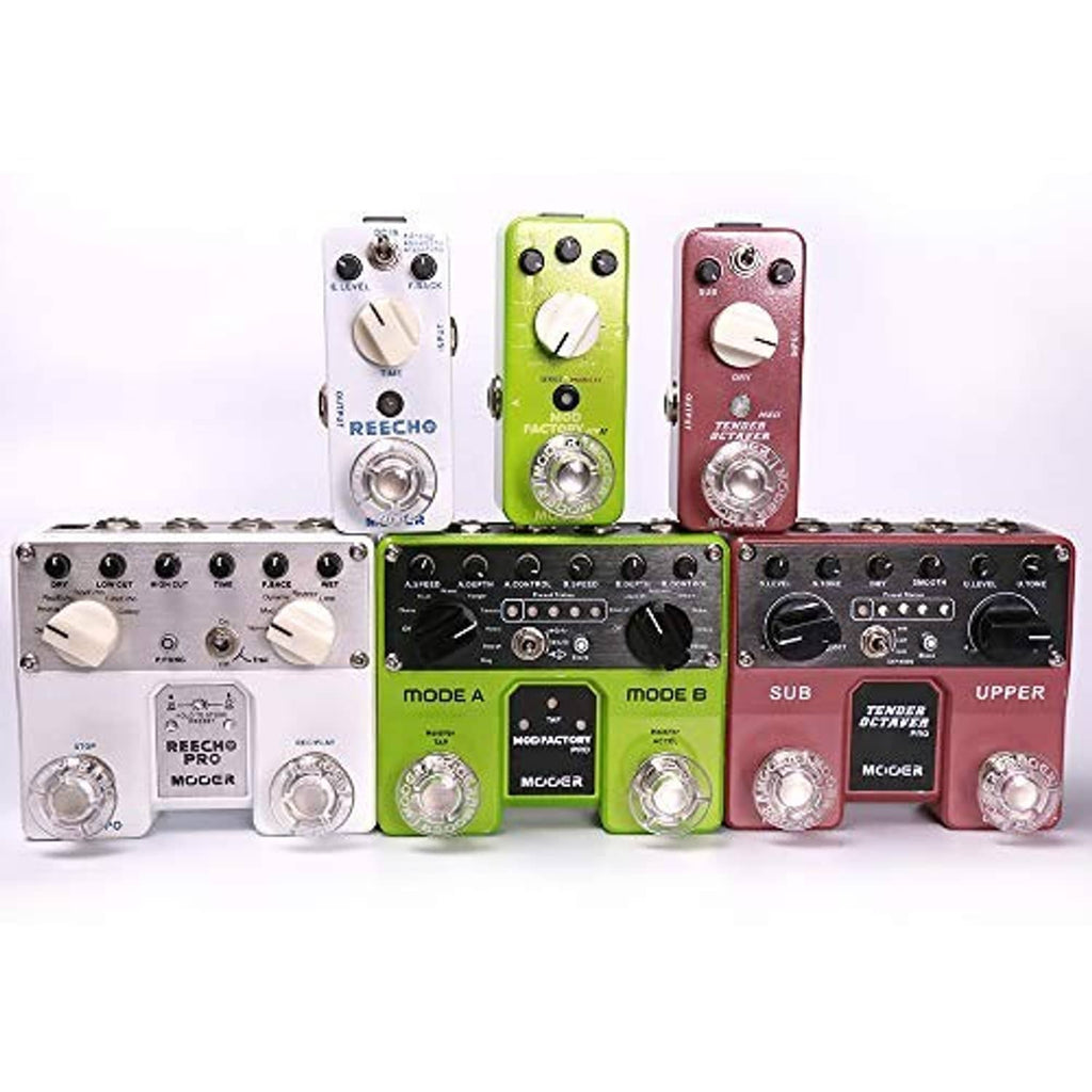 Set of guitar effects pedals with clear mushroom-shaped footswitch toppers