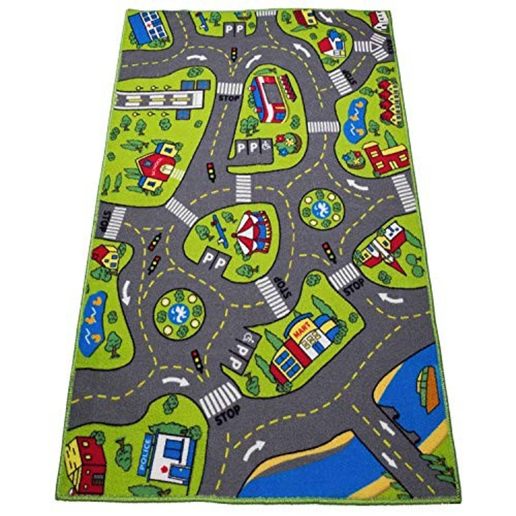 Kids city playmat rug full view with winding roads, houses, trees, and toy vehicle details