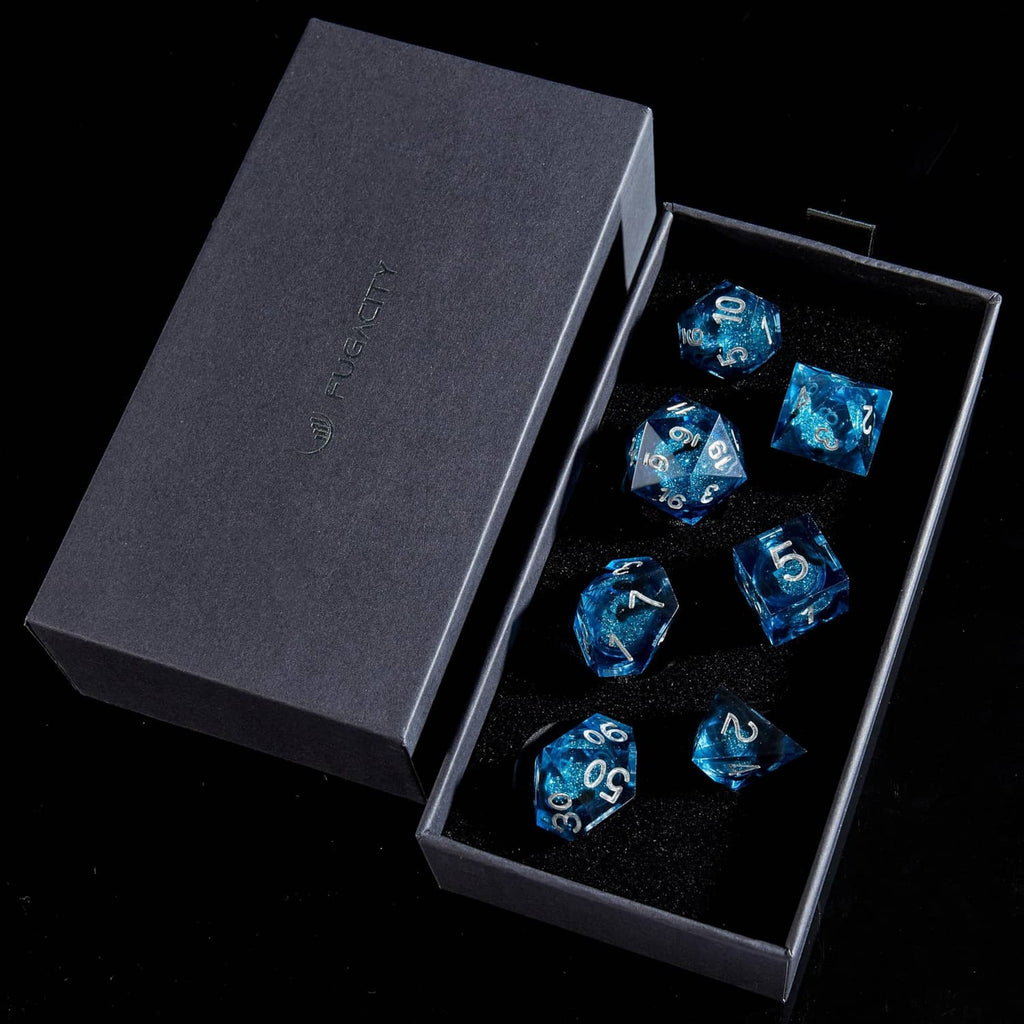 Blue liquid-core D&D dice set in a gray presentation box with foam insert