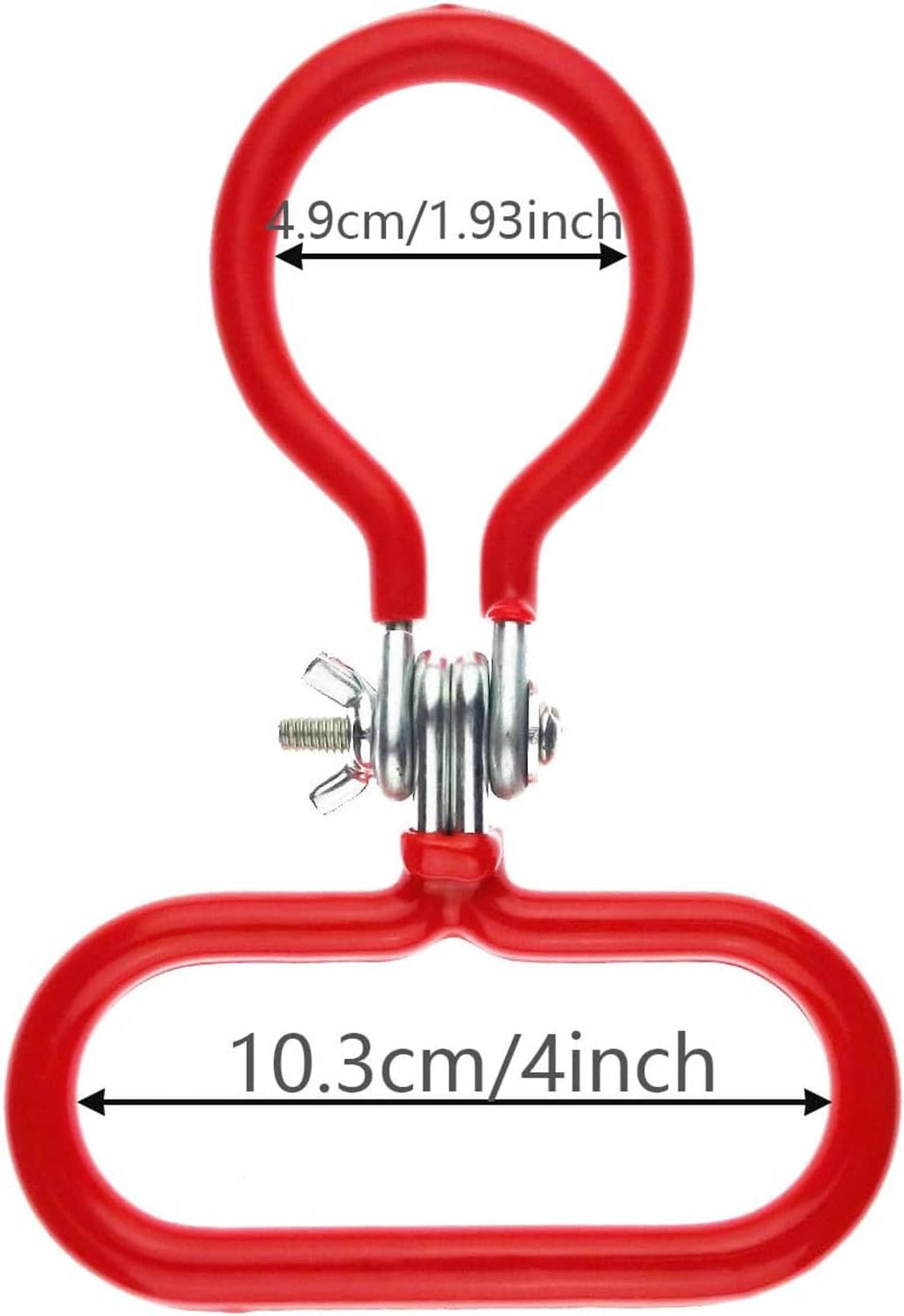 Red plastic carboy handle with metal clamp hardware and size guide markings