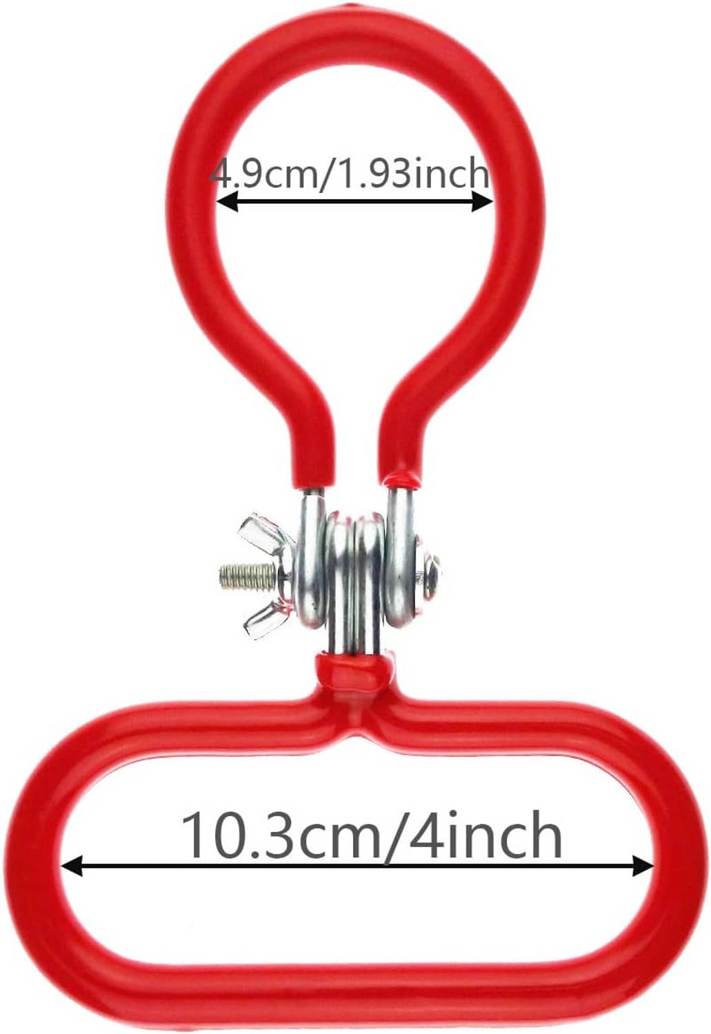 Red plastic carboy handle with metal clamp hardware and size guide markings