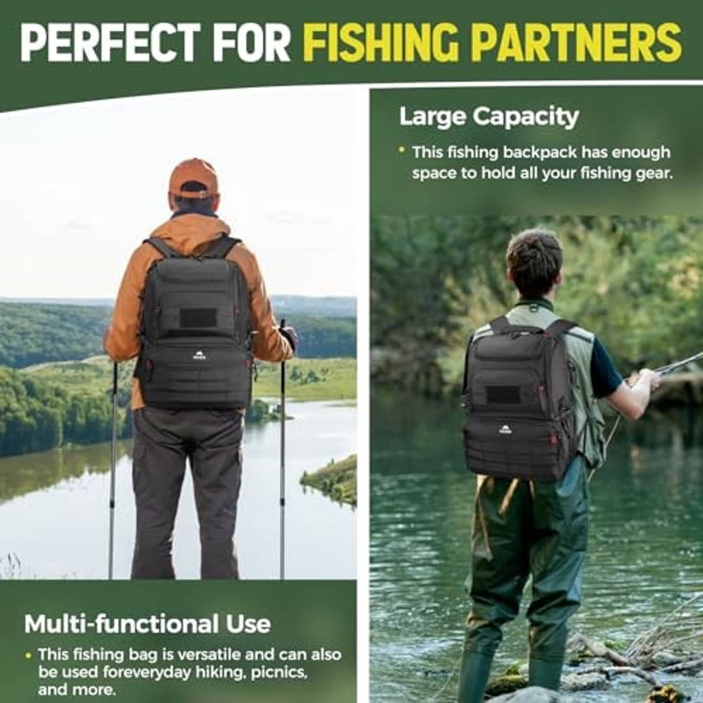 Black fishing backpack with ergonomic back panel and side storage pockets.