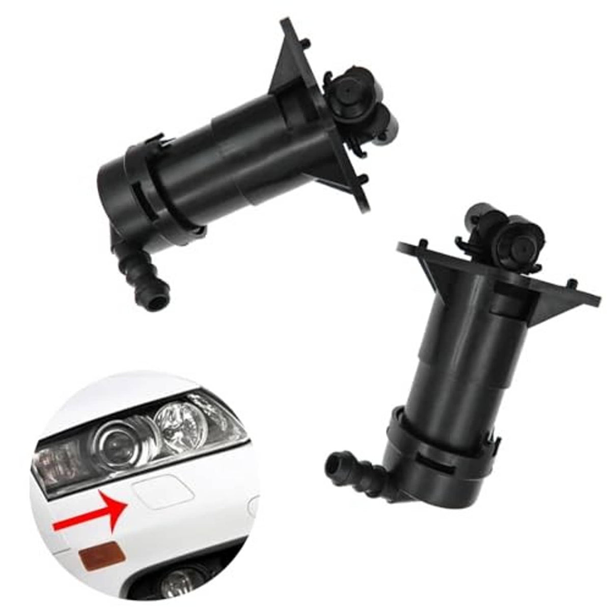 Headlight washer nozzle sprayer set with black jets, shown with product diagram inset