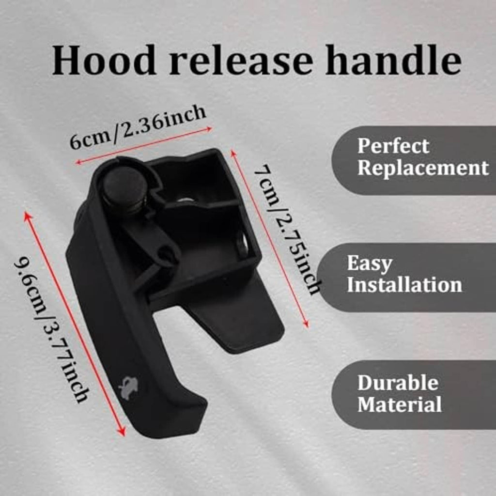 Black hood release handle with mounting tabs and molded hood icon, labeled size view