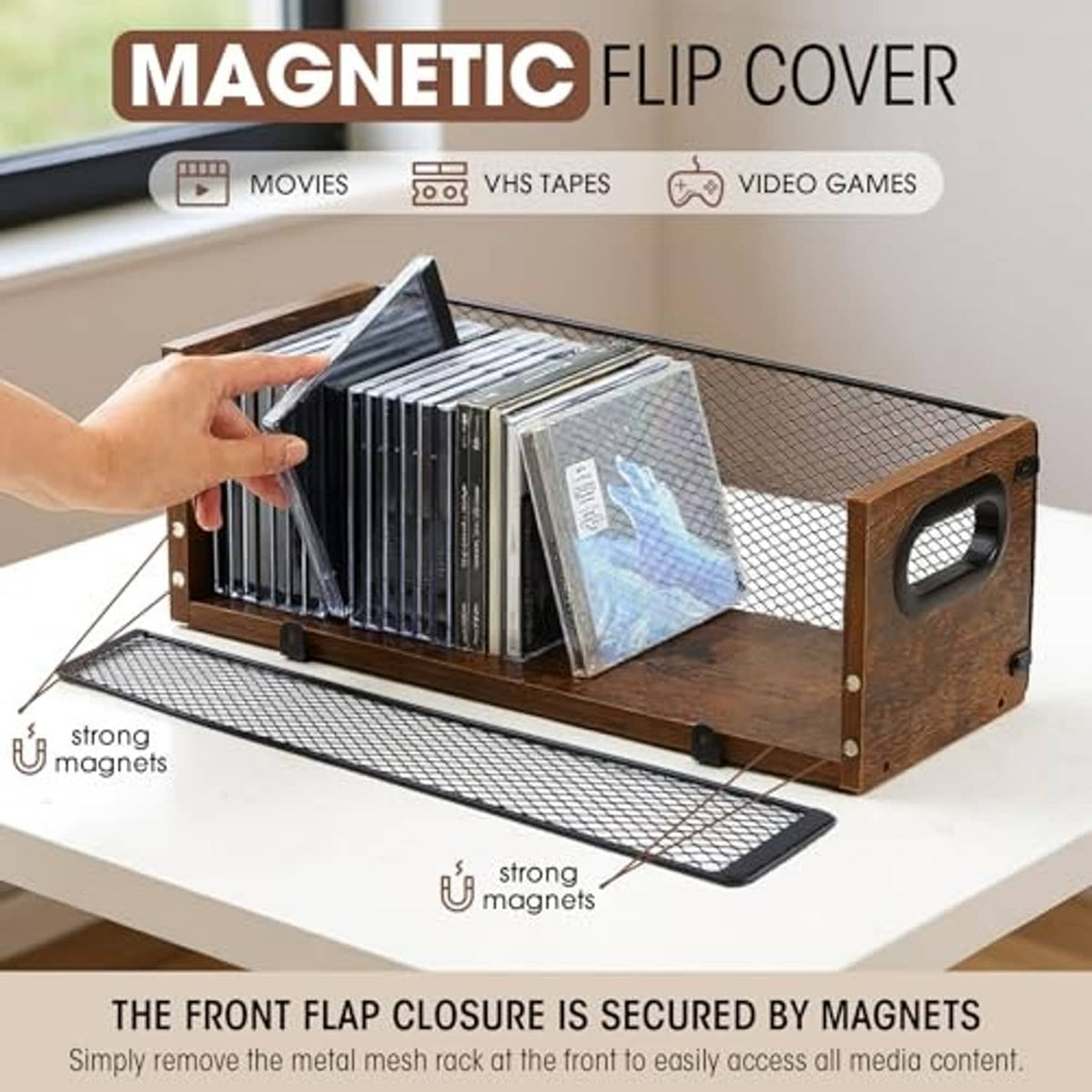 Wooden CD storage rack with magnetic flip front cover and metal mesh shelves