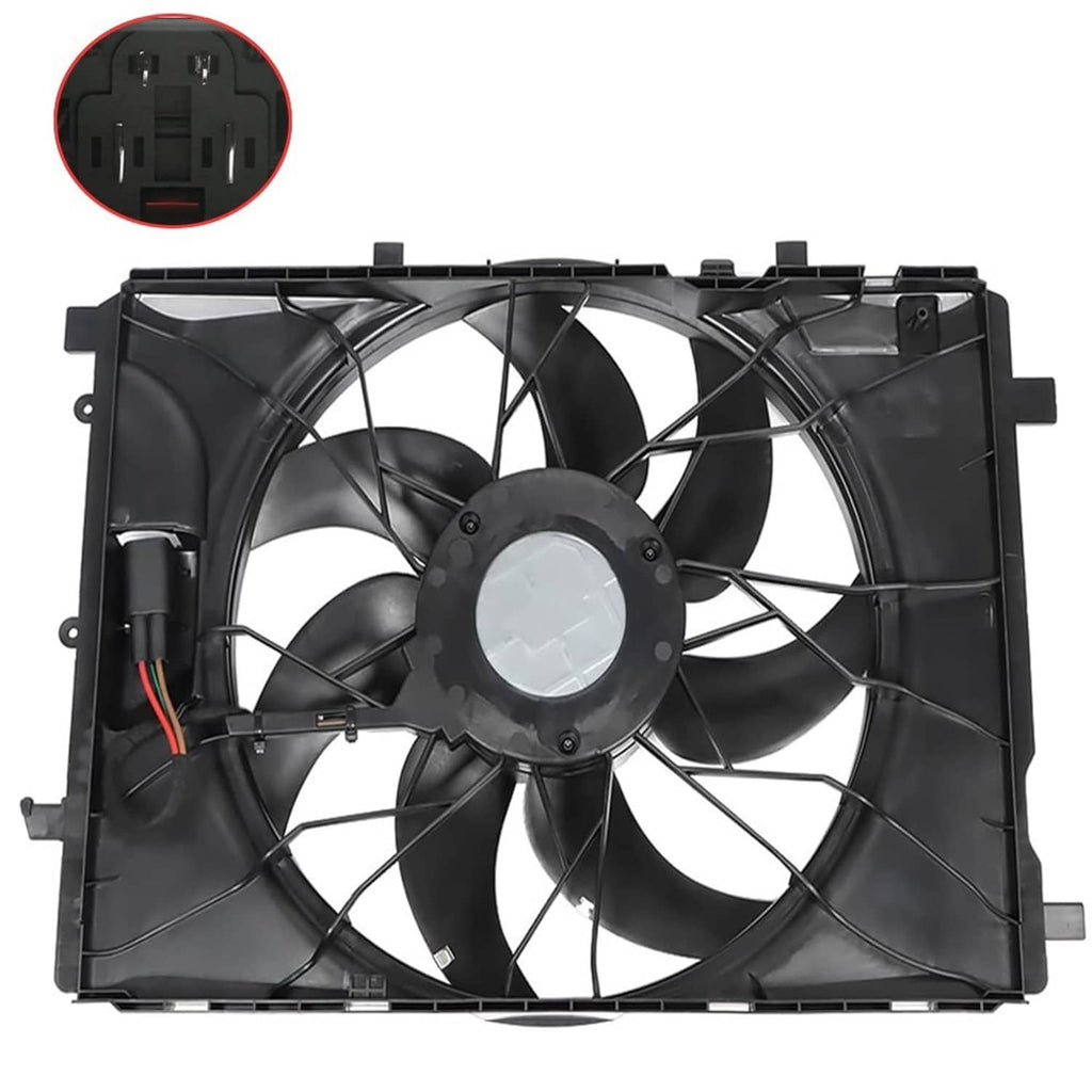 Radiator cooling fan with black shroud and visible connector section on housing.