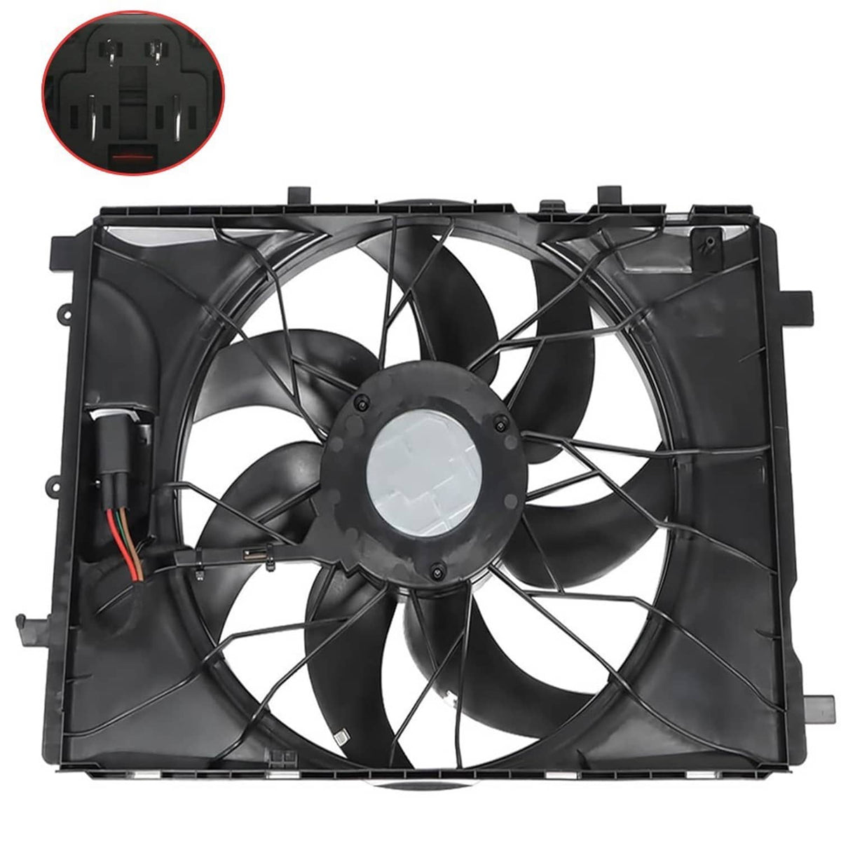 Radiator cooling fan with black shroud and visible connector section on housing.