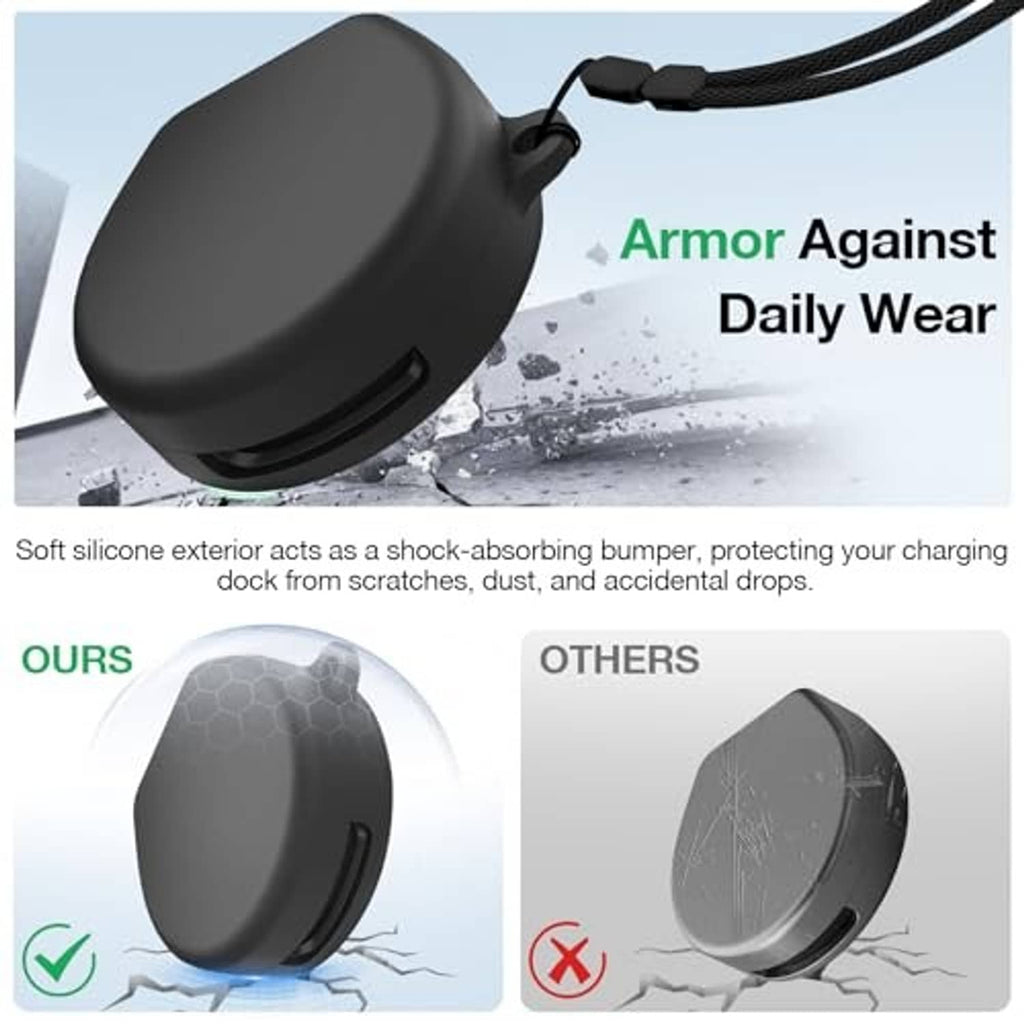 Black silicone charging case cover with textured lanyard and protective outer bumper edges.