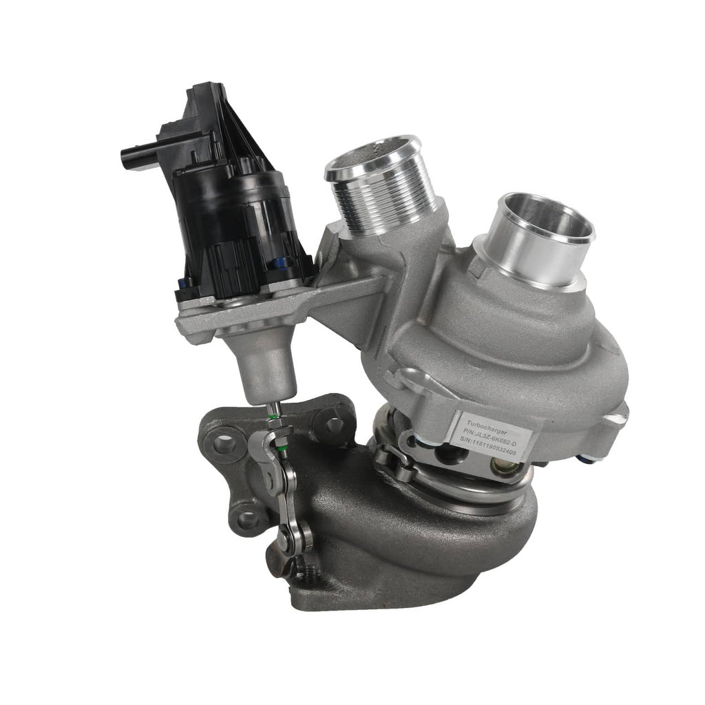 Right-side turbocharger with silver inlet fitting, black connector, and mounting hardware