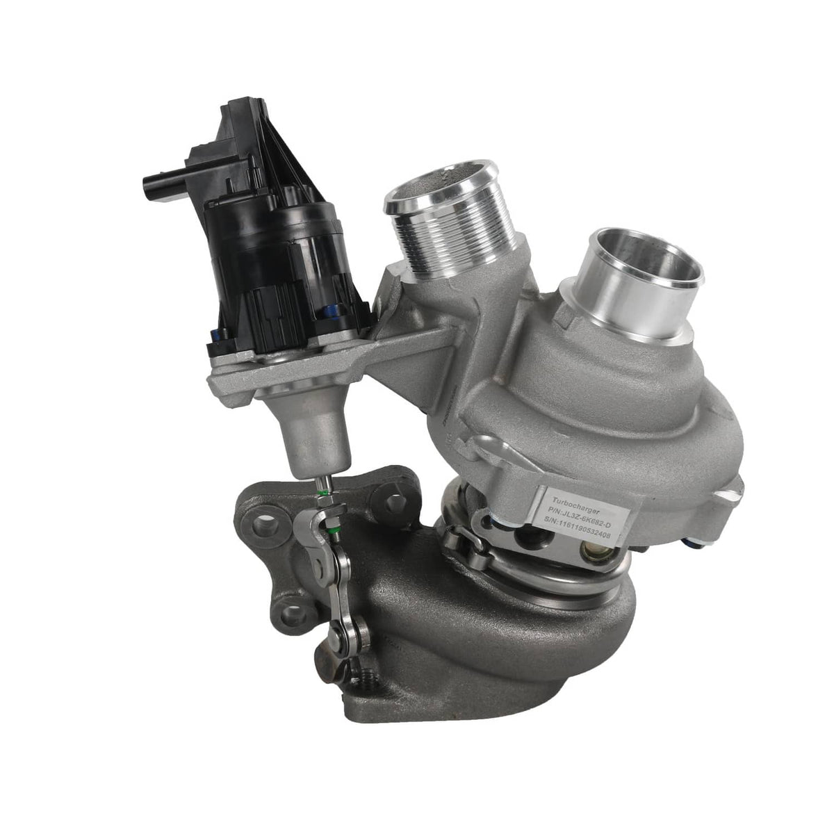 Right-side turbocharger with silver inlet fitting, black connector, and mounting hardware