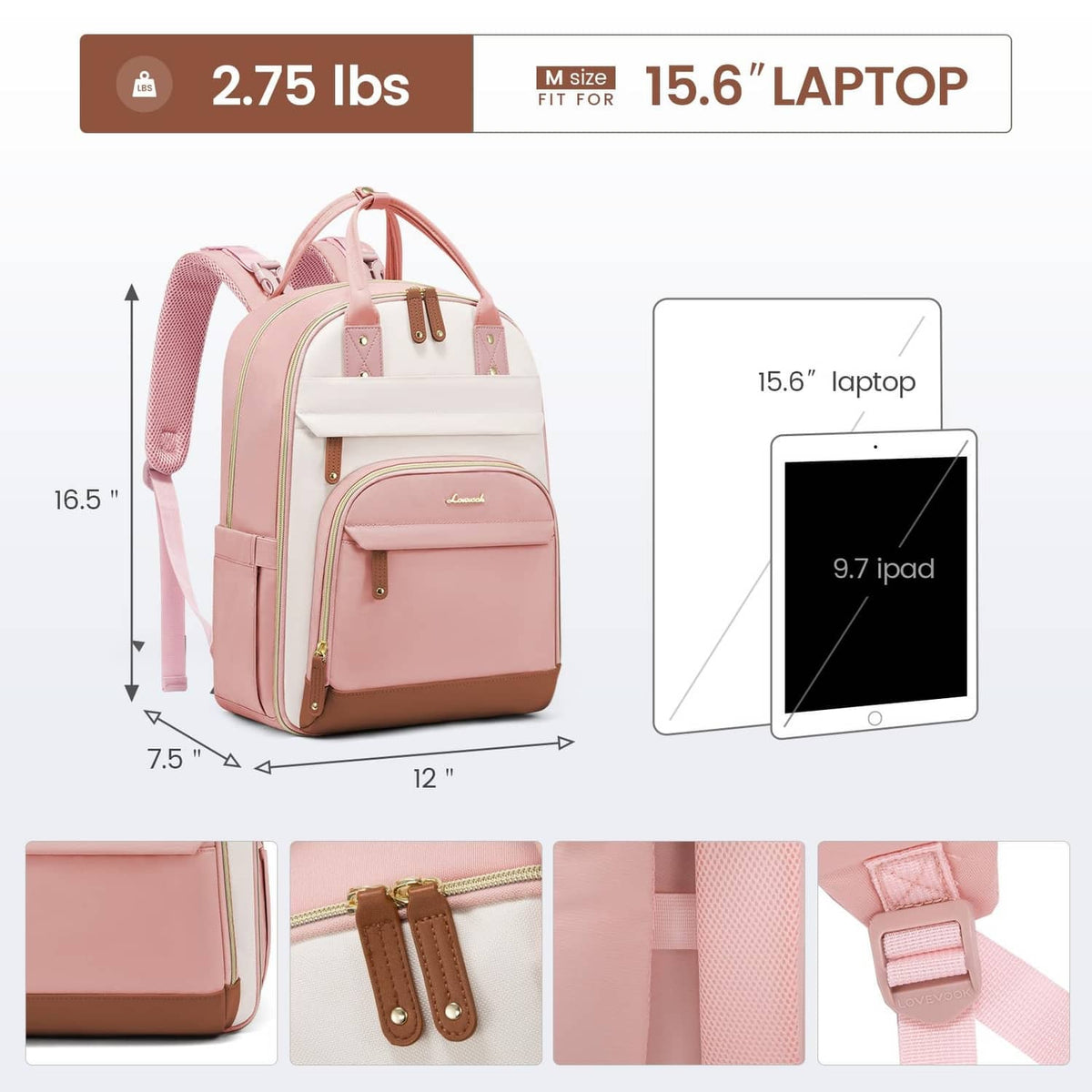 Pink and brown diaper bag backpack with front zip pocket and top handle straps