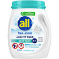 all free clear Mighty Pacs laundry detergent jar with teal cap, front label view
