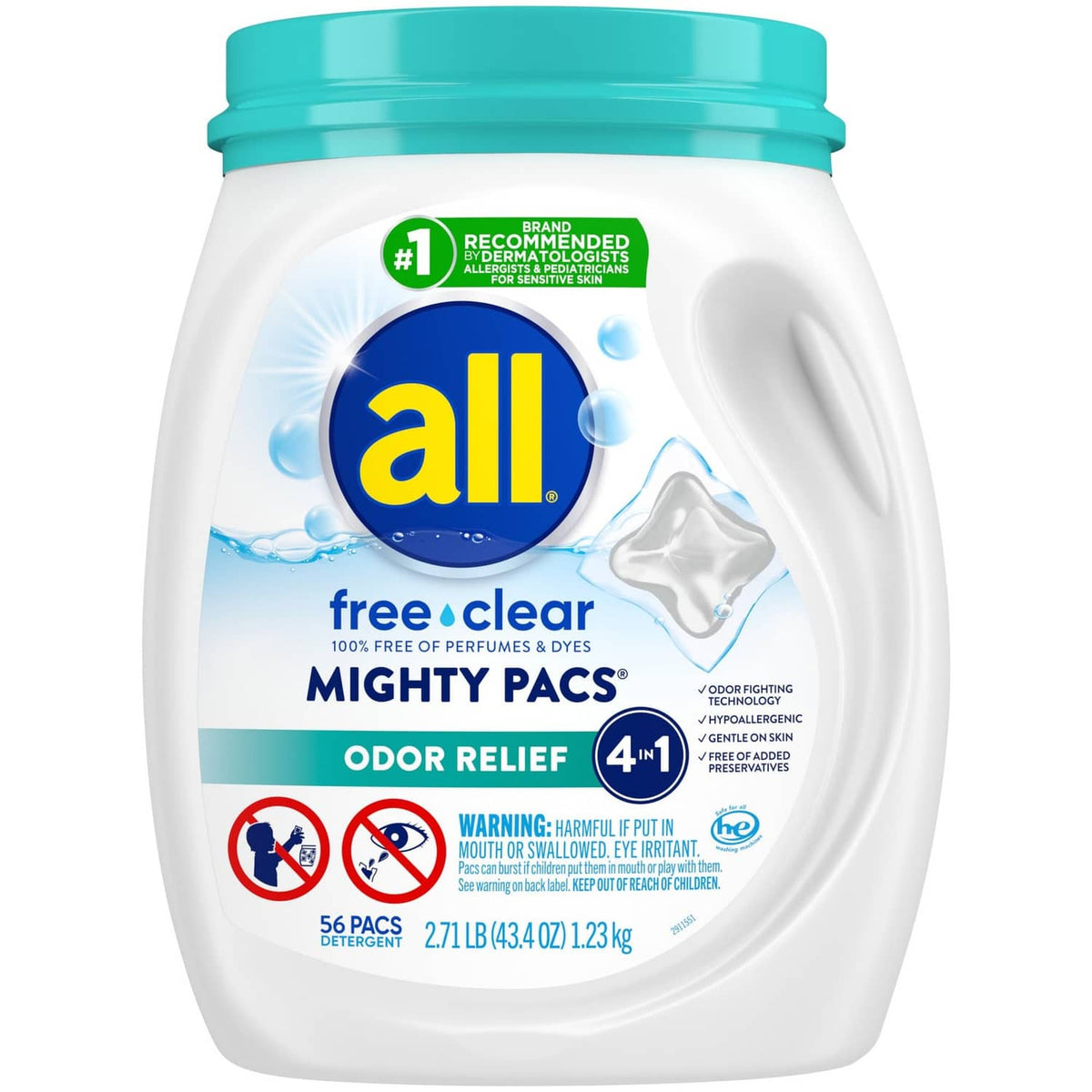 all free clear Mighty Pacs laundry detergent jar with teal cap, front label view
