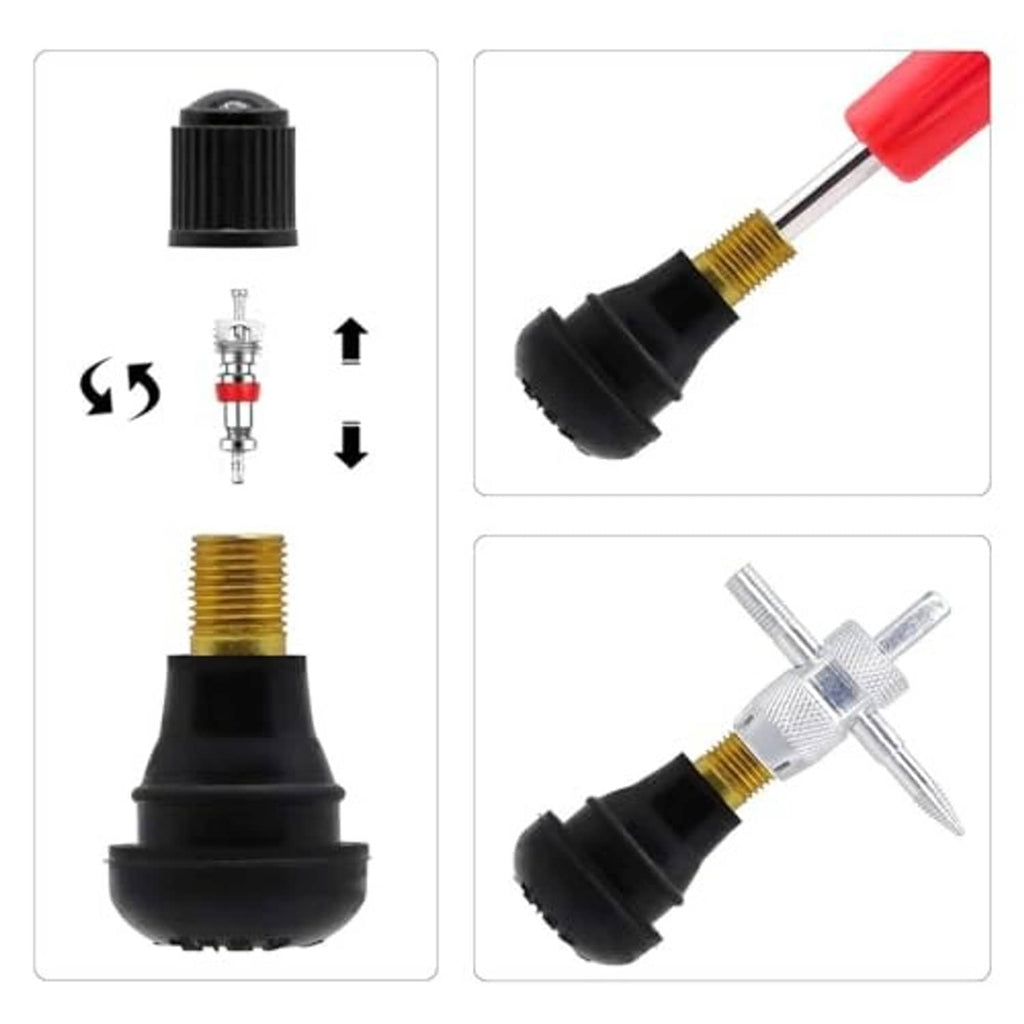 Snap-in tire valve insert set with black rubber base, brass tip, and red install tool