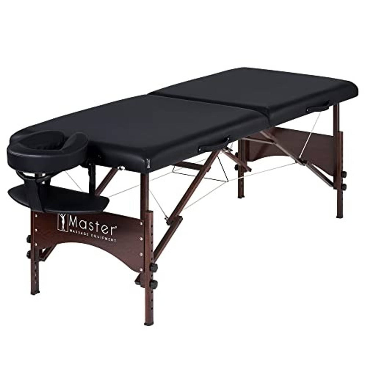Black portable massage table with adjustable supports and walnut legs
