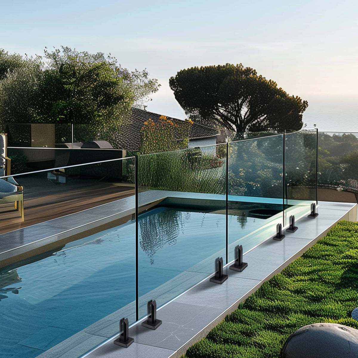 Black glass railing clamp brackets installed along outdoor pool edge