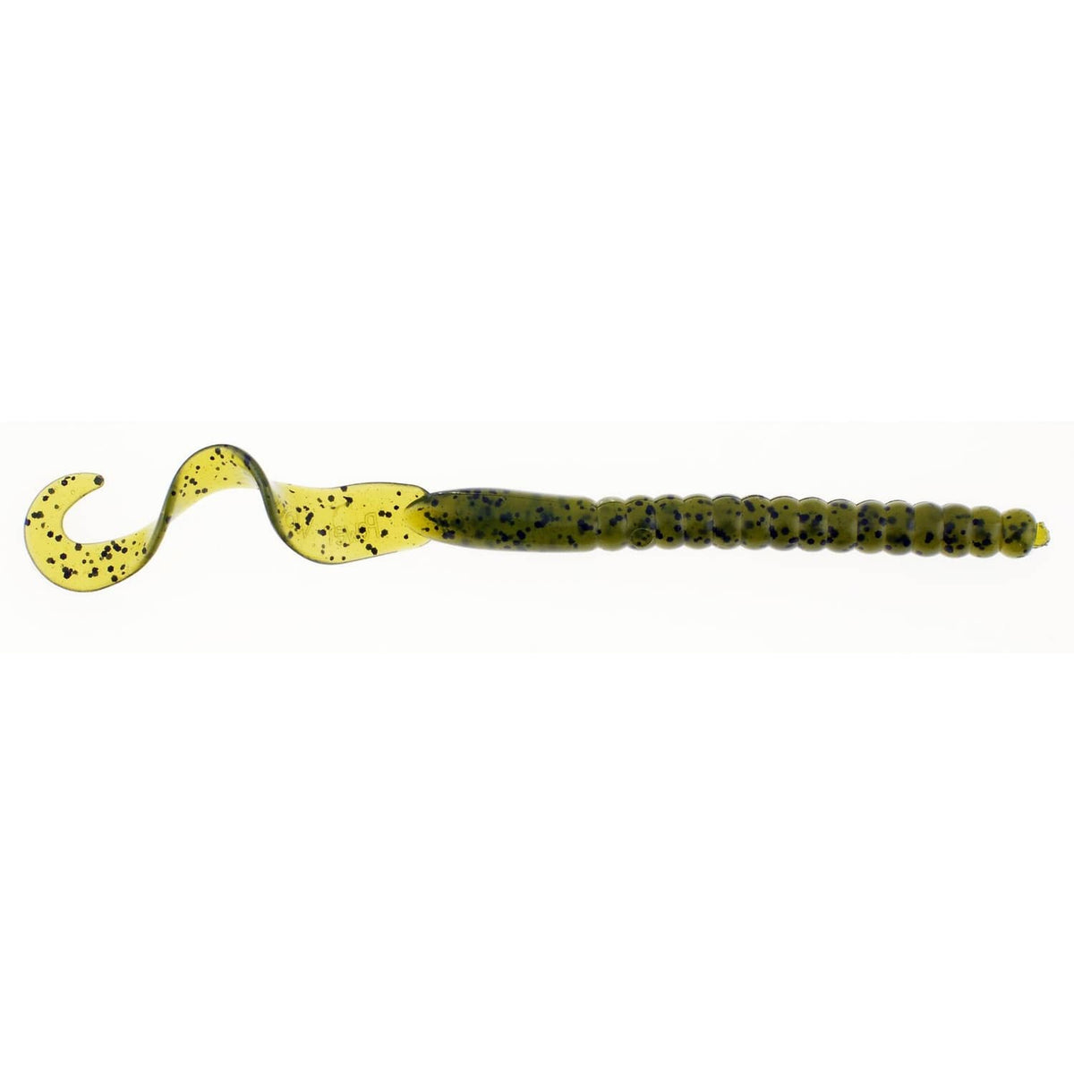 Green and yellow speckled soft plastic curly tail fishing worm bait