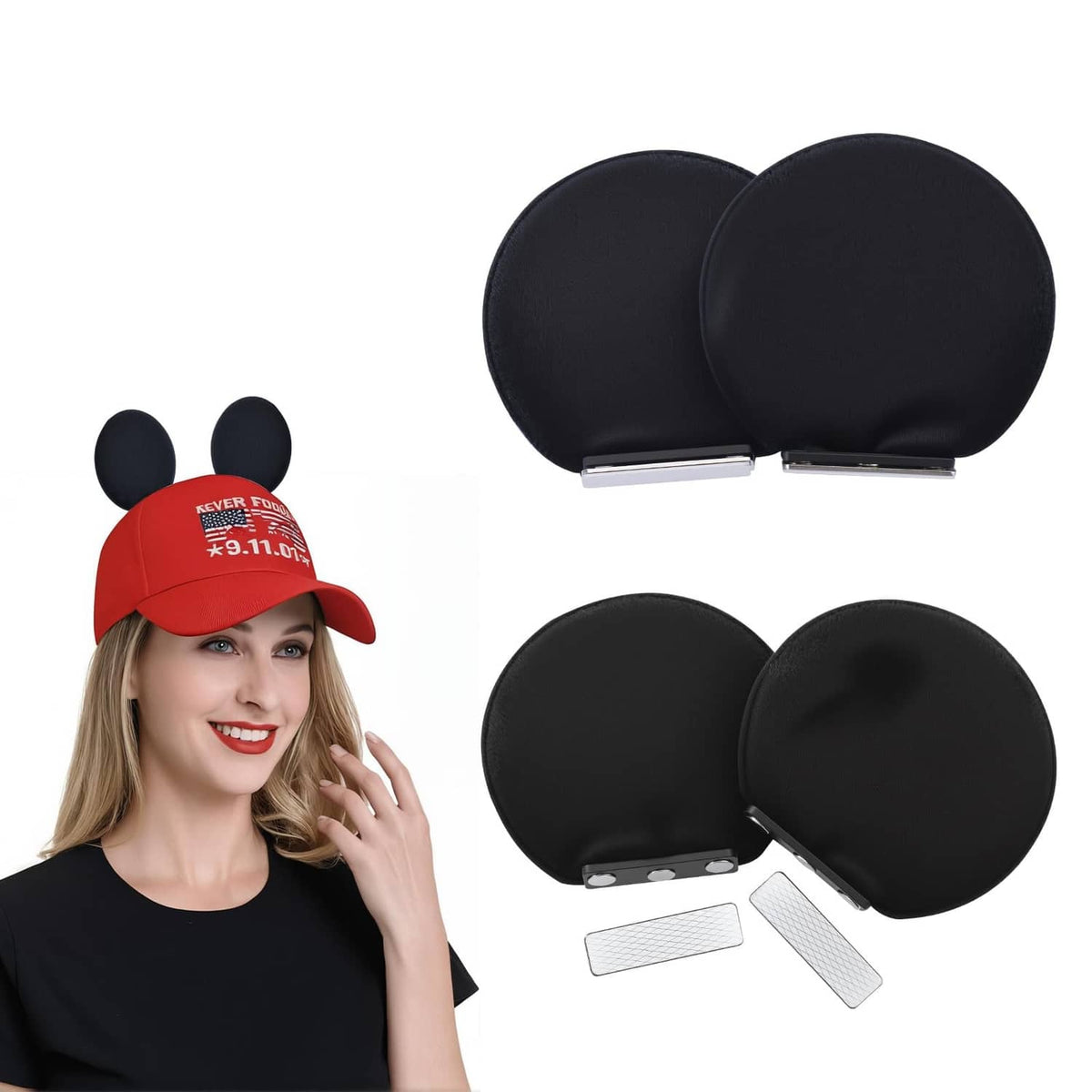Set of black magnetic mouse-ear panels for hats, with metal magnet strips.