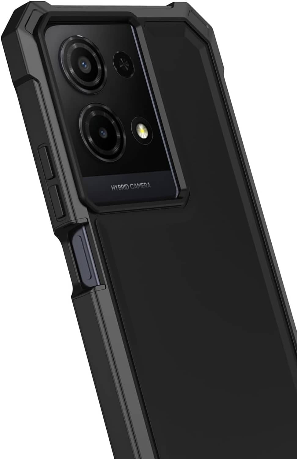 Black back view phone case with camera opening and shock-absorbing bumper