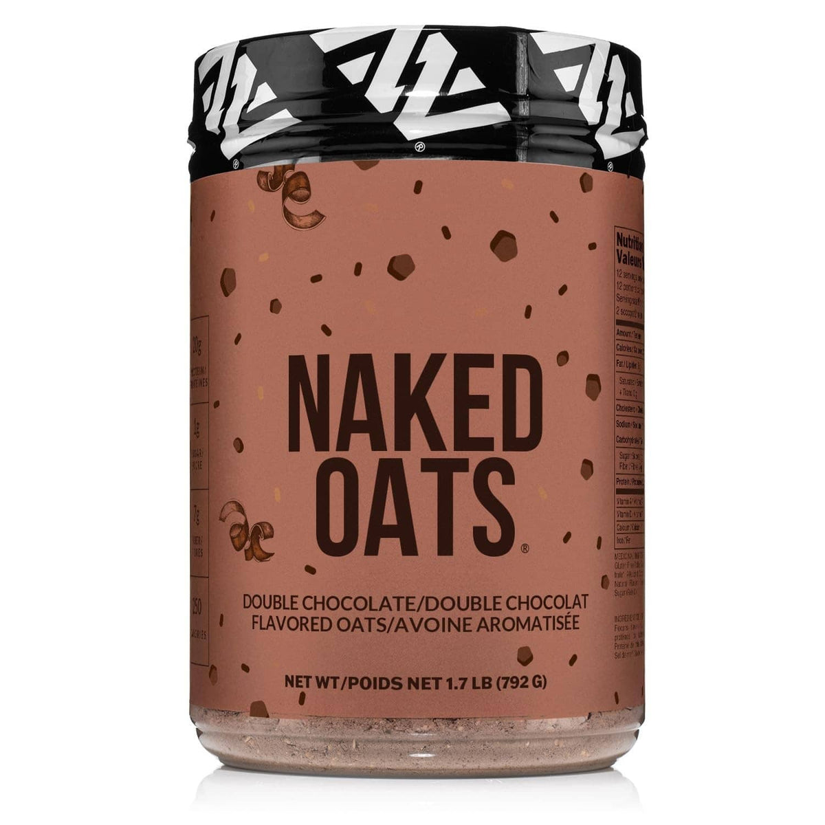 Naked Oats Double Chocolate overnight oats powder tub, brown with black patterned lid