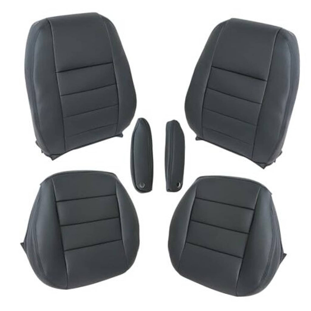 Set of black front seat back covers with stitched horizontal panels and side cutouts