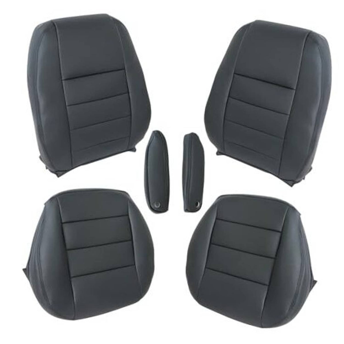 Set of black front seat back covers with stitched horizontal panels and side cutouts