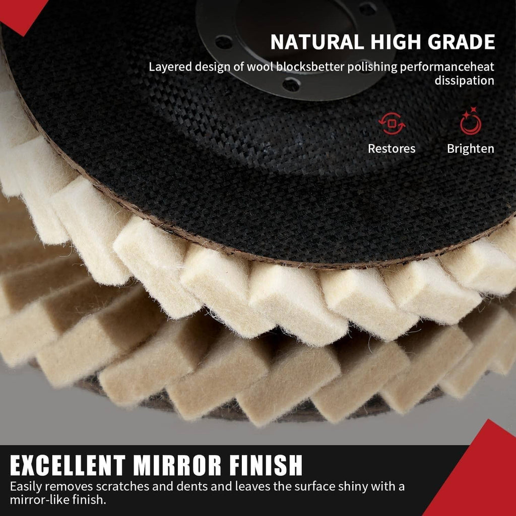 Close-up wool flap polishing disc with layered beige edges and dark backing