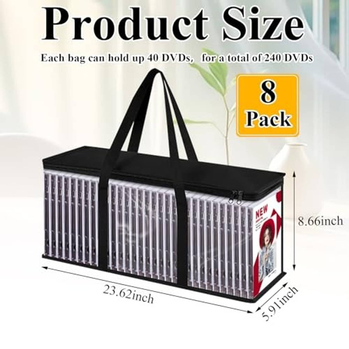 Clear PVC DVD storage bag with black carrying handle and front window